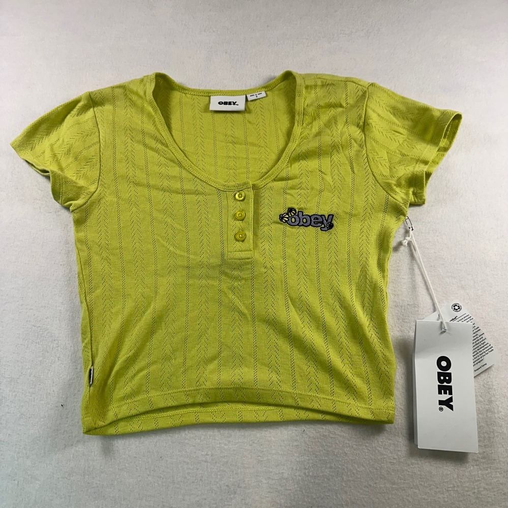 Obey Alina Baby Henley Tee Celery Juice Lime Green Pointelle Knit Crop Top Small